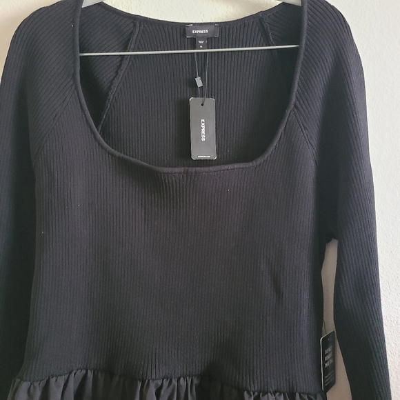 NWT Express Black Ribbed Square Neck Poplin Mini Fit And Flare Dress - Picture 2 of 7